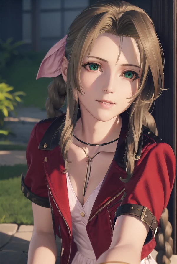 aerithgainsborough, <lora:aerith gainsborough ingame pruned-lora-nochekaiser:1>,
aerith gainsborough, long hair, brown hair, bow, ribbon, (green eyes:1.3), hair ribbon, pink bow, braid, braided ponytail, single braid, smile,
BREAK dress, jewelry, jacket, bracelet, red jacket, cropped jacket, white dress,
BREAK outdoors,
BREAK looking at viewer, dynamic pose,
BREAK <lyco:GoodHands-beta2:1>, (masterpiece:1.2), best quality, high resolution, unity 8k wallpaper, (illustration:0.8), (beautiful detailed eyes:1.6), extremely detailed face, perfect lighting, extremely detailed CG, (perfect hands, perfect anatomy),