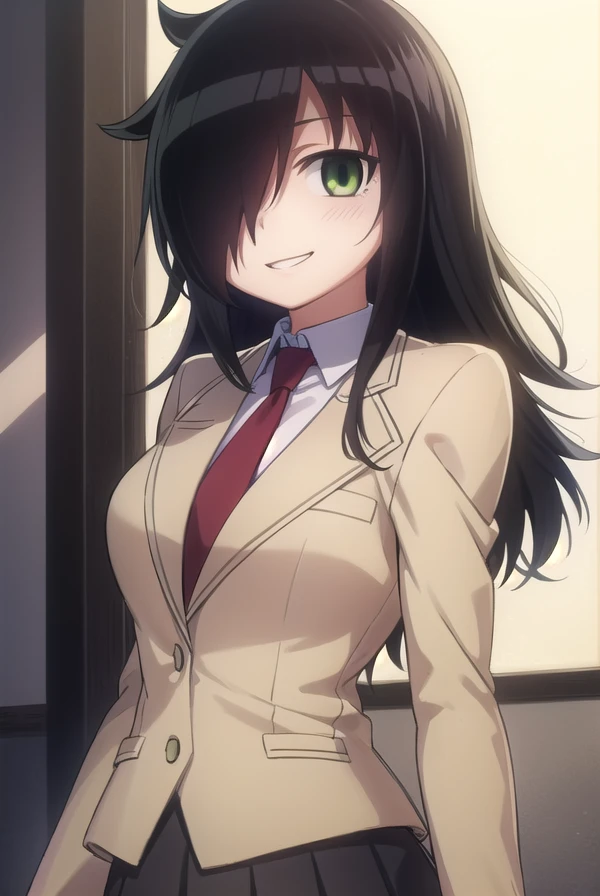 tomokokuroki, <lora:tomoko kuroki s1-lora-nochekaiser:1>,
tomoko kuroki, long hair, black hair, (green eyes:1.3), (hair over one eye:1.5), bags under eyes, smile, grin,
BREAK skirt, school uniform, necktie, blazer,
BREAK indoors, classroom,
BREAK looking at viewer, dynamic pose,
BREAK <lyco:GoodHands-beta2:1>, (masterpiece:1.2), best quality, high resolution, unity 8k wallpaper, (illustration:0.8), (beautiful detailed eyes:1.6), extremely detailed face, perfect lighting, extremely detailed CG, (perfect hands, perfect anatomy),