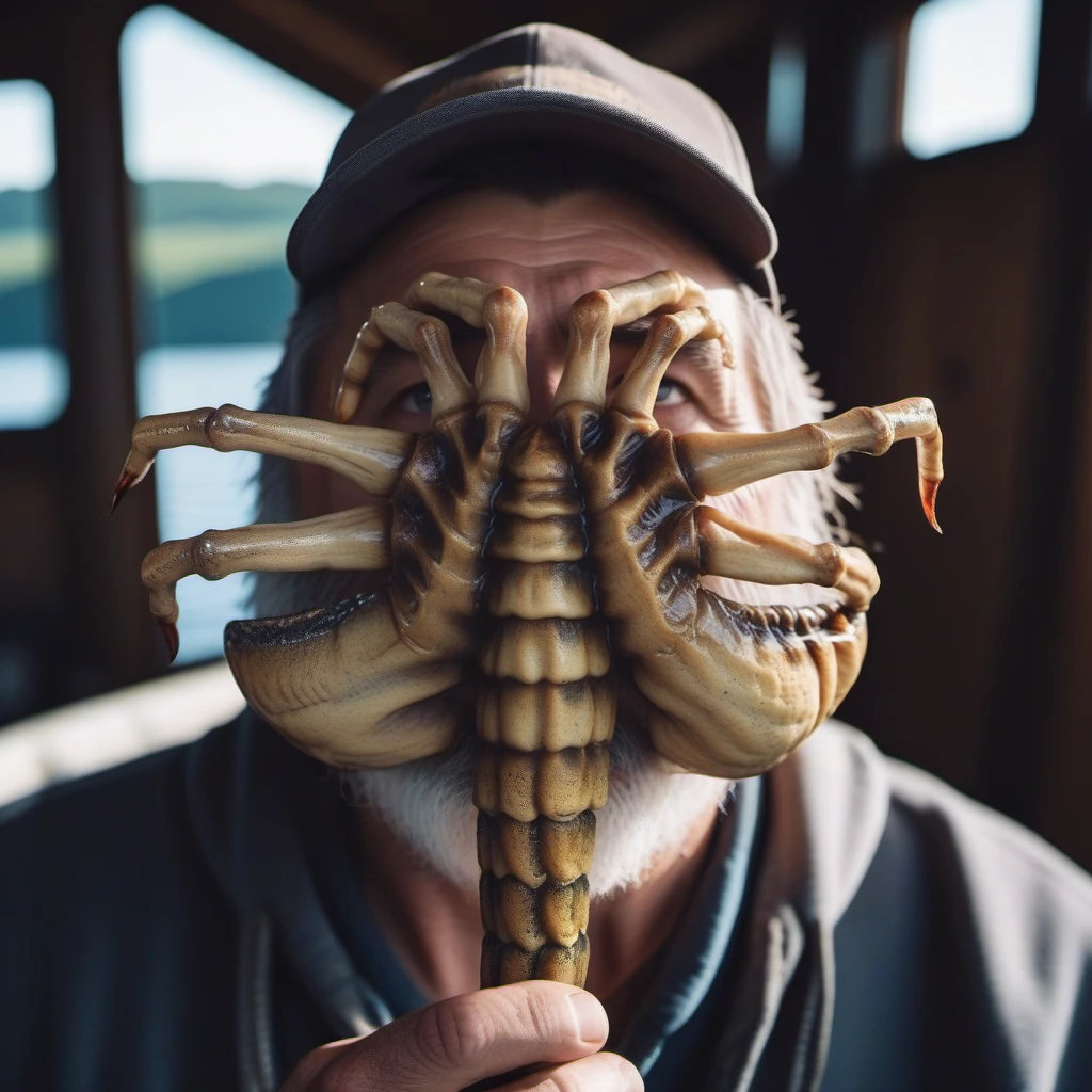 cinematic photo  a creepy creature on a fisherman's face, boat <lora:Facehugger1024:0.8> . 35mm photograph, film, bokeh, professional, 4k, highly detailed