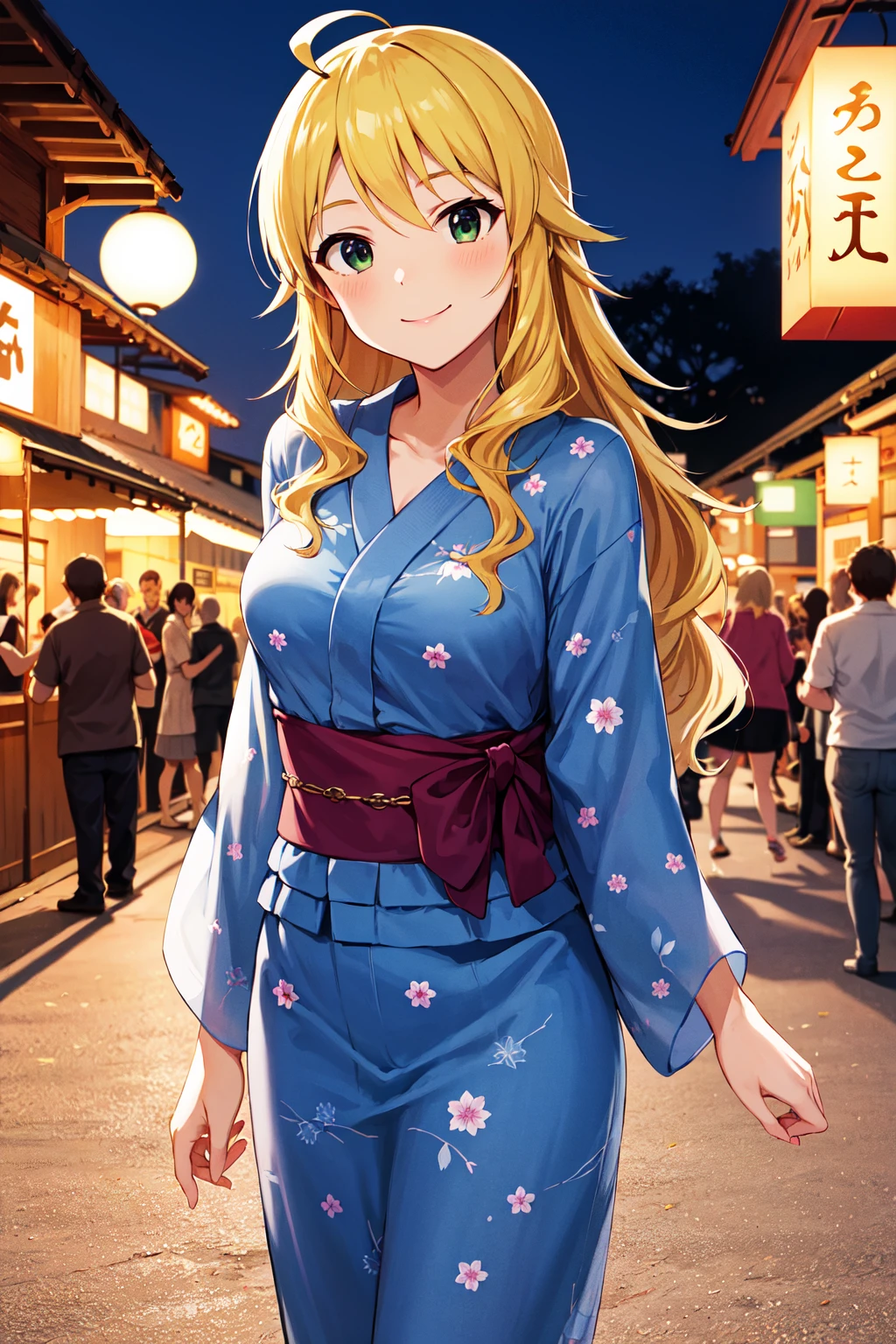 masterpiece, best quality, highres, aamiki, long hair, ahoge, <lora:hoshii_miki_v1:0.7>, yukata, floral print, smile, night, summer festival, standing, cowboy shot,