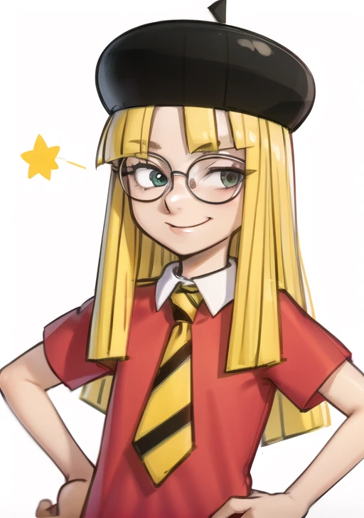 1giel, blonde hair, glasses, opaque glasses, bead eyes, hands on hips, beret, forehead, long hair, necktie, shirt, simple background, upper body, smile, solo, no background, white background, <lora:PennyCrayon:0.8>