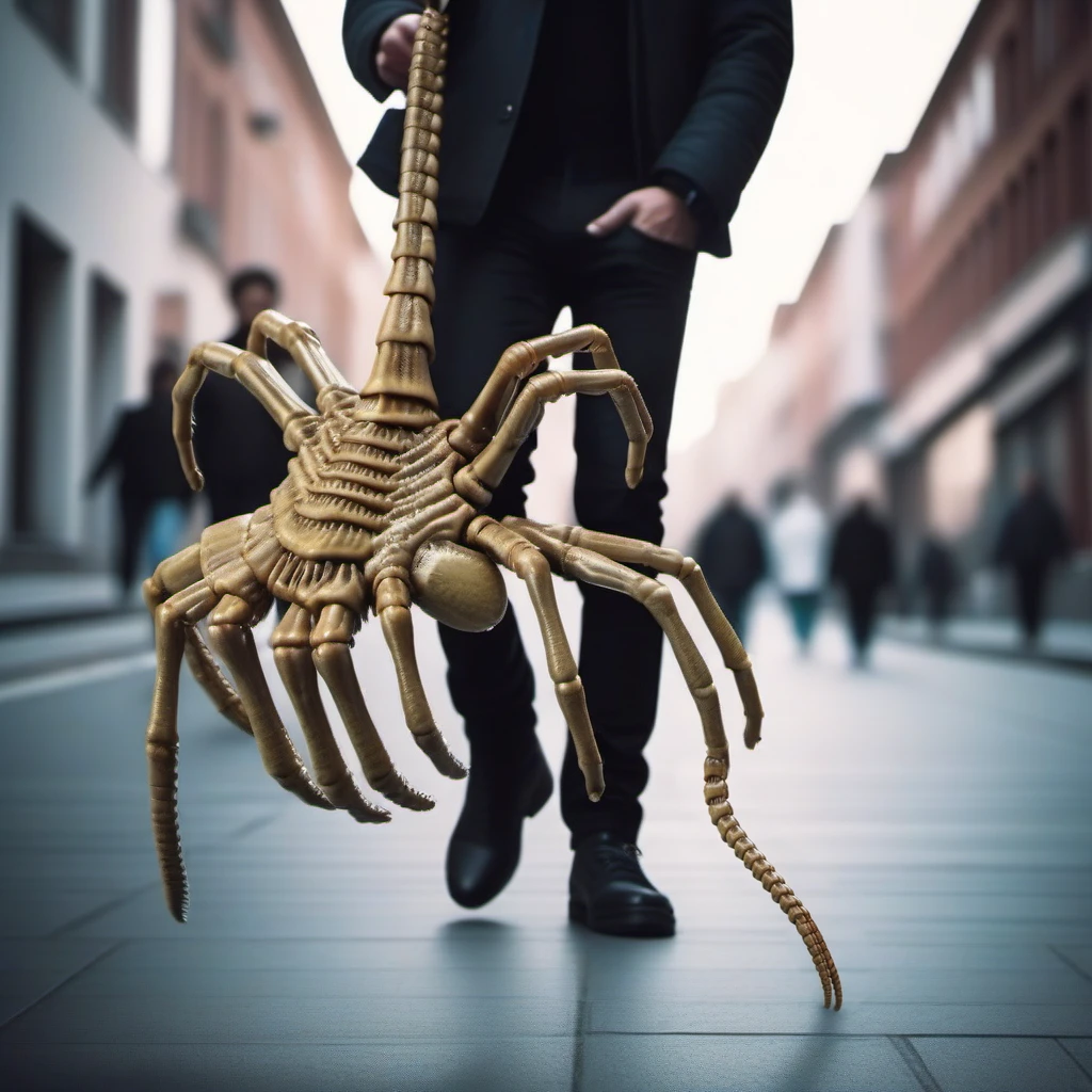 cinematic photo a man is walking a pet facehugger like a dog on a leash in the street<lora:Facehugger1024:0.8> . 35mm photograph, film, bokeh, professional, 4k, highly detailed