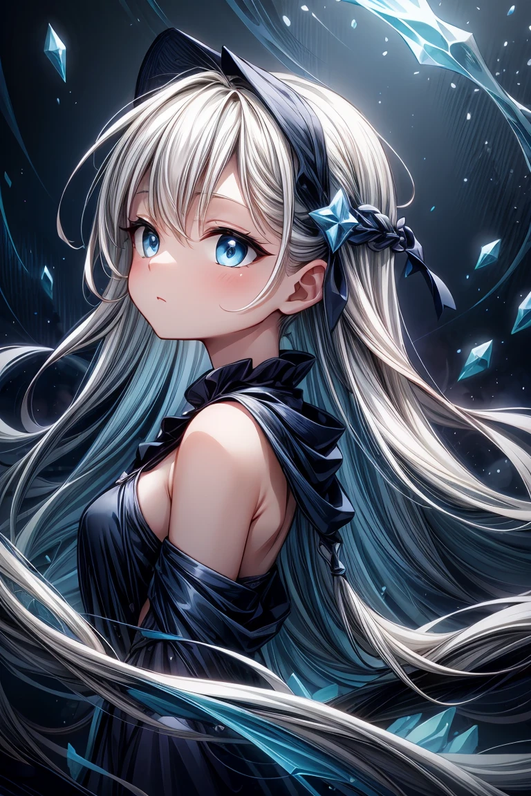 (greyscale:0.9), (blue theme:1.3), best quality,Epic,highly detail,Illustration,Cover,enigmatic figure,draped in translucent fabric,crystals adorning hair,dreamlike swirl,pastel hues,soft light,evoking calm serenity and elusive beauty,Non-representational,colors and shapes,expression of feelings,imaginative,highly detailed, long_hair, white_hair, +_+, blue_eyes, from_side