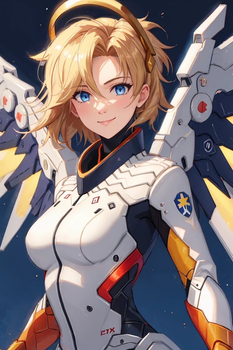 <lora:MercyOW:1>MercyOW, 1girl, solo, breasts, smile, short hair, blue eyes, blonde hair, gloves, holding, medium breasts, closed mouth, upper body, weapon, wings, artist name, holding weapon, gun, bodysuit, halo, eyes visible through hair, holding gun, mechanical halo, mechanical wings, yellow wings, (best quality, high quality, highres, detailed background, absurdres, detailed, HDR:1.2), (colorful, soft lighting, side lighting, reflected light, intricate and beautiful, photorealistic:0.5)