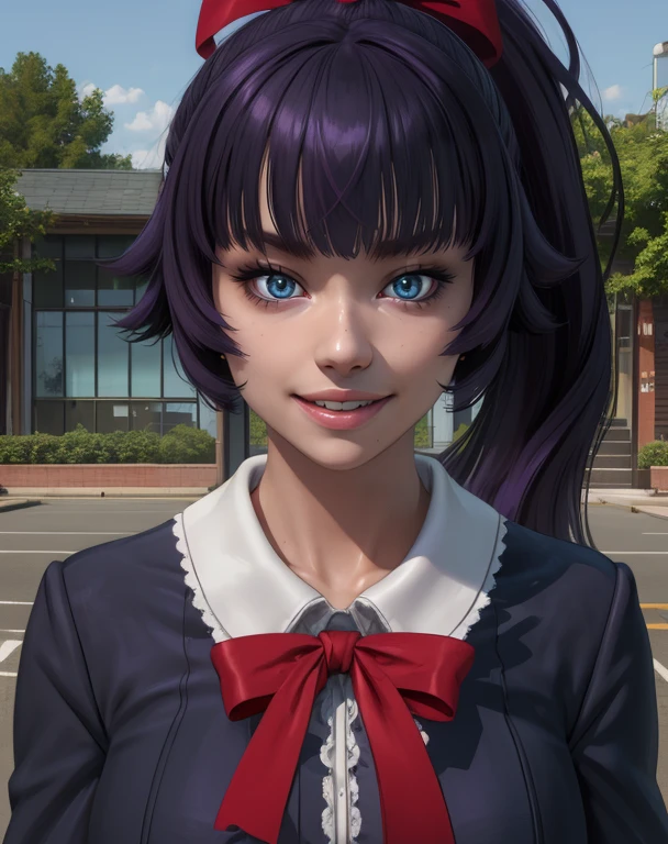 Saaya,purple hair,blue eyes,ponytail,bangs,
black school uniform,red ribbon,fingerless gloves,
solo,upper body,smile,standing,
schoolyard,morning,
(insanely detailed, beautiful detailed face, masterpiece, best quality),<lora:Saaya:0.8>,