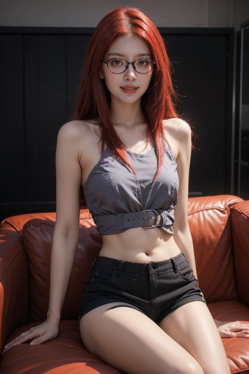 <lora:xiang-7:0.8>,(face lighting:0.8),bright backlight,super high resolution,best quality,Photos,4k,(Realistic:1.2),xiang,shorts,solo,thigh,red hair,(long hair:1.1),navel,belt,black shorts,glasses,look at the audience,smile,sit down,