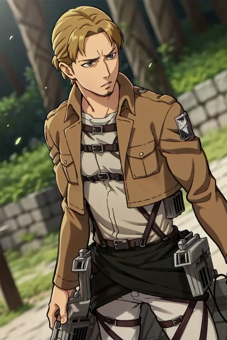 solo male, Eld Gin, Attack on Titan, blond hair, middle parting hair, single hair bun, brown eyes, sideburns, thin goatee, Scout Regiment uniform, white shirt underneath, brown jacket, white pants, knee boots, three-dimensional maneuver gear, mature, handsome, charming, alluring, standing, upper body, perfect anatomy, perfect proportions, best quality, masterpiece, high_resolution, dutch angle, cowboy shot, photo background,AttackonTitan<lora:EMS-314283-EMS:0.800000>, <lora:EMS-26599-EMS:0.500000>