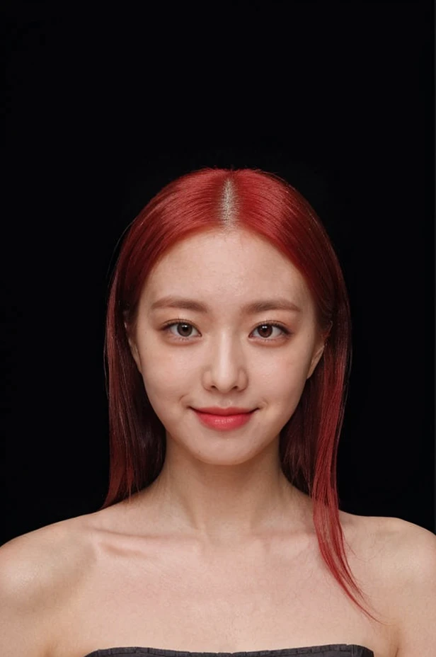 (extremely detailed eyes), korean idol, (((strapless))), raw photo, 1girl, (looking at viewer), upper body, ((full plain black background:1.3)), (Strapless_tube_top:1.5), bare shoulders, (((bare neck))), bare head, collarbone, (((closed mouth smile))), ((long full red hair:1.3)), natural skin colour, <lora:yunalorashyv1_5:0.85>