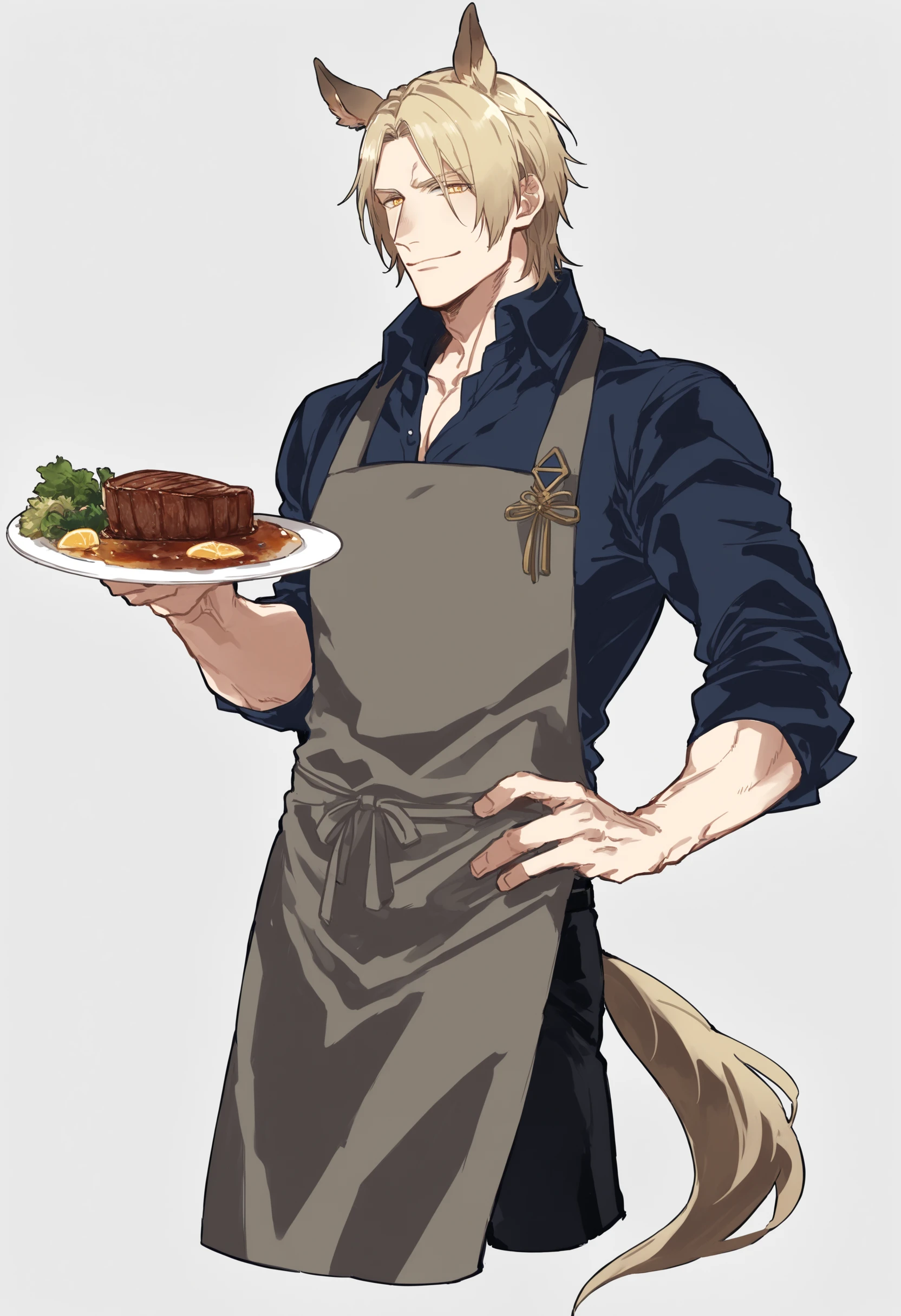 male focus, mlynar, arknights, solo, ikemen, mature, male only, tough man, bold, eyes fix, flat chest, sturdy waist, 40 years old, cropped head, horse boy, horse ears, blonde hair, yellow eyes, horse tail, blue collared shirt, partially unbuttoned, apron, black pants, steak, plate, holding, cooking, smile, looking at viewer, (standing, cropped leg:1.2), (white background, simple background:1.5), masterpiece, best quality, mta <lora:mta_XL:1>