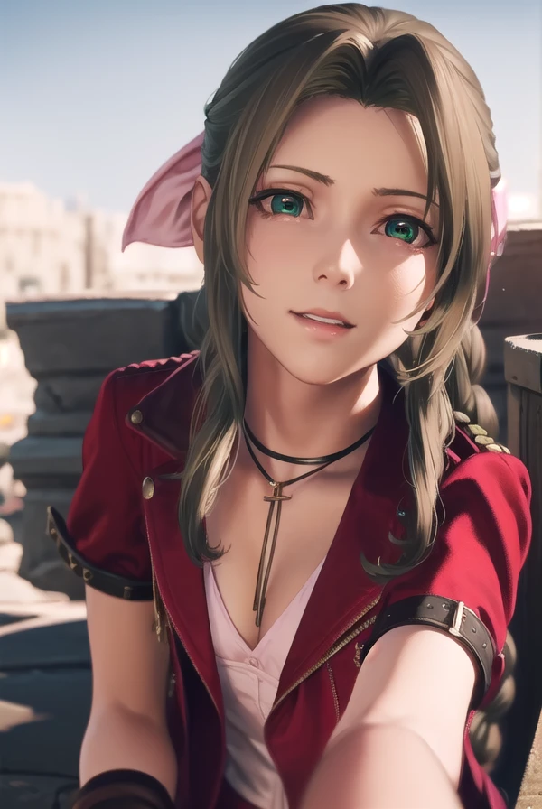 aerithgainsborough, <lora:aerith gainsborough ingame pruned-lora-nochekaiser:1>,
aerith gainsborough, long hair, brown hair, bow, ribbon, (green eyes:1.3), hair ribbon, pink bow, braid, braided ponytail, single braid, smile,
BREAK dress, jewelry, jacket, bracelet, red jacket, cropped jacket, white dress,
BREAK outdoors,
BREAK looking at viewer, dynamic pose,
BREAK <lyco:GoodHands-beta2:1>, (masterpiece:1.2), best quality, high resolution, unity 8k wallpaper, (illustration:0.8), (beautiful detailed eyes:1.6), extremely detailed face, perfect lighting, extremely detailed CG, (perfect hands, perfect anatomy),
