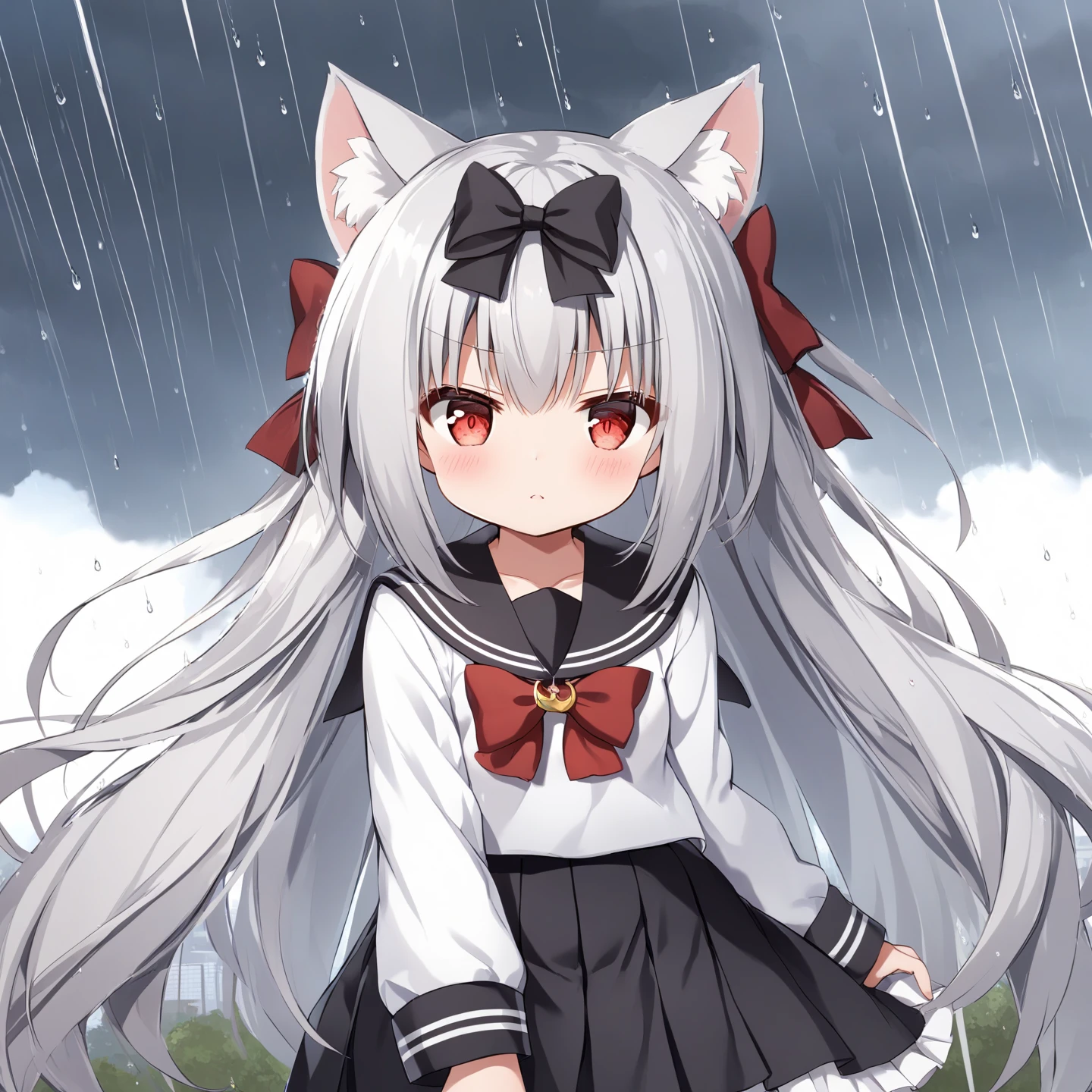 <lora:Yukikaze-SDXL:0.7>, Yukikaze, 1girl, solo, long hair, looking at viewer, skirt, shirt, red eyes, bow, very long hair, school uniform, white shirt, hair bow, grey hair, pleated skirt, open clothes, serafuku, cloud, cat ears, black skirt, sailor collar, red bow, animal ear fluff, black bow, cloudy sky, frilled skirt, rain, black sailor collar, lightning,