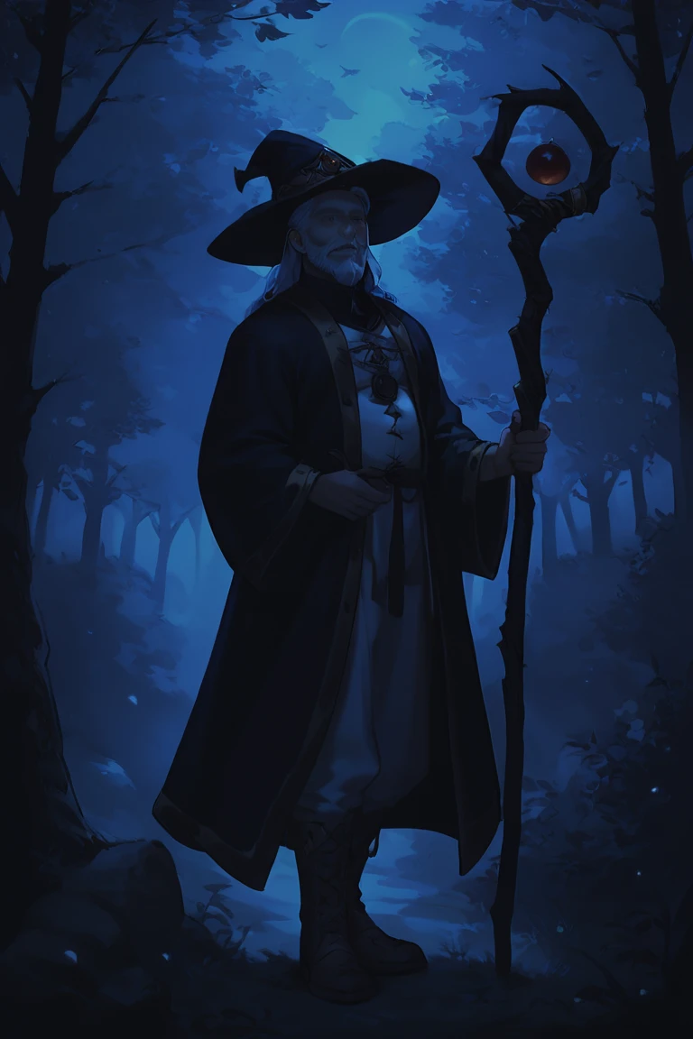 score_9, score_8_up, score_7_up, dark theme, low light, wizard, old, 1boy, old man, male focus, hat, beard, solo, staff, witch hat, facial hair, forest, nature, robe, long hair, looking at viewer, tree, holding, white hair, outdoors, holding staff, boots <lora:Smooth Night Style SDXL_LoRA_Pony Diffusion V6 XL:1>