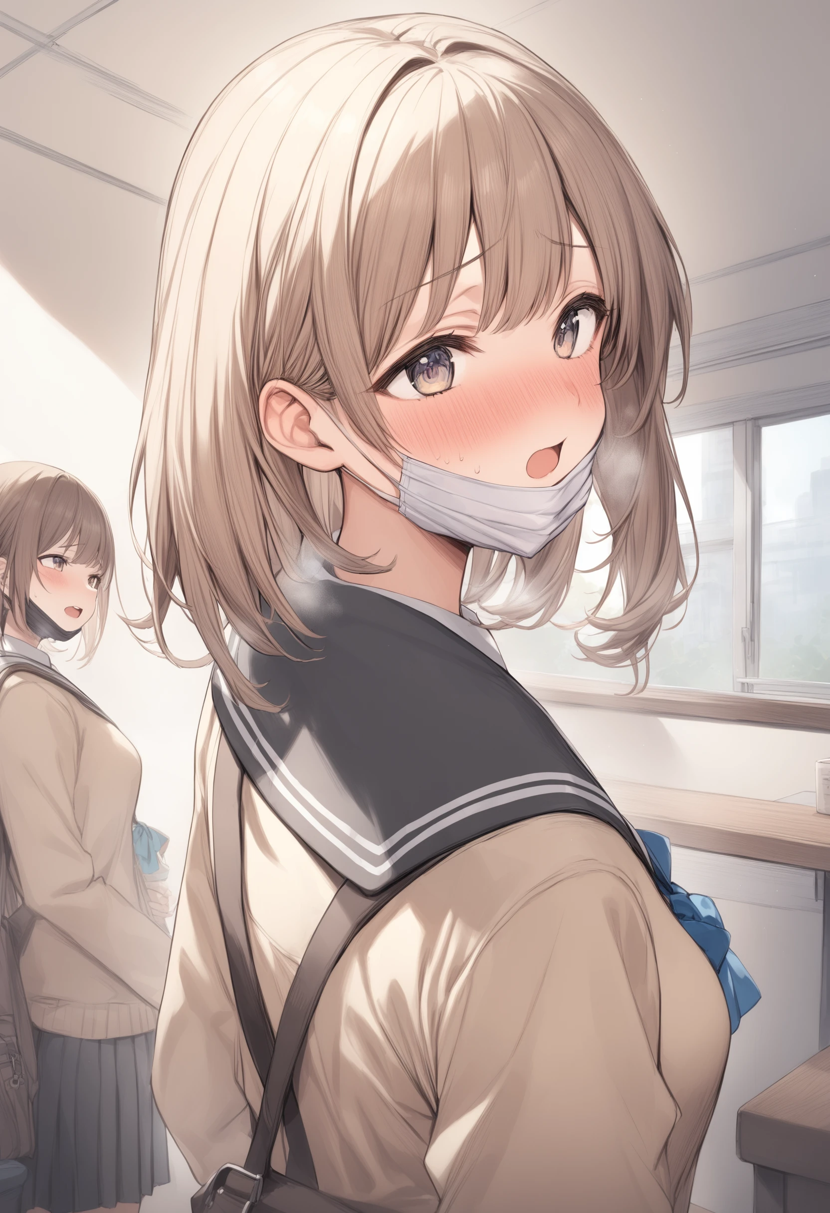 1girl, <lora:sdxl2-flat2-512b:-1>,medium breasts,school uniform,
<lora:jawmaskXLv1:0.6>,jawmask,
from behind, upper body, looking away, flustered, home economics room, open mouth,
best quality,medium quality,