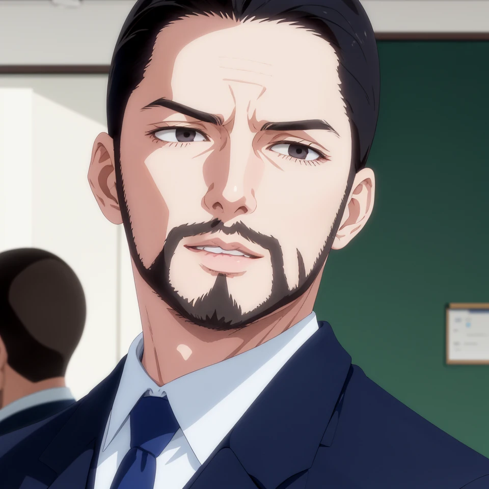 solo male, Maeda, Asobi Asobase, butler, black hair, short hair, black eyes, facial hair, dark blue 3 Piece Suit, formal, white collared shirt, red necktie, dark blue vest, dark blue jacket, dark blue pants, mature, handsome, charming, alluring, calm, polite, portrait, close-up, perfect anatomy, perfect proportions, best quality, masterpiece, high_resolution simple background, classroom, close eyes, parted lips, (from below:0.9)<lora:EMS-311919-EMS:0.700000>