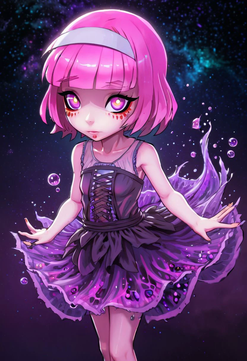 chibi, anime chibi  Drawing art Style, high detail, (Howard Phillips Lovecraft story, cosmic monster, insanity, darkness eyes), water, fantasy, magic, naked, 1 chibi girl, purple eyes, pink hair, dress, directly looking at viewer,  (fluorite and  dark golden + blue purple neon :  smooth, , lively coral reef background HD, 35mm photograph, 8k), masterpiece, natural light,  high detail.