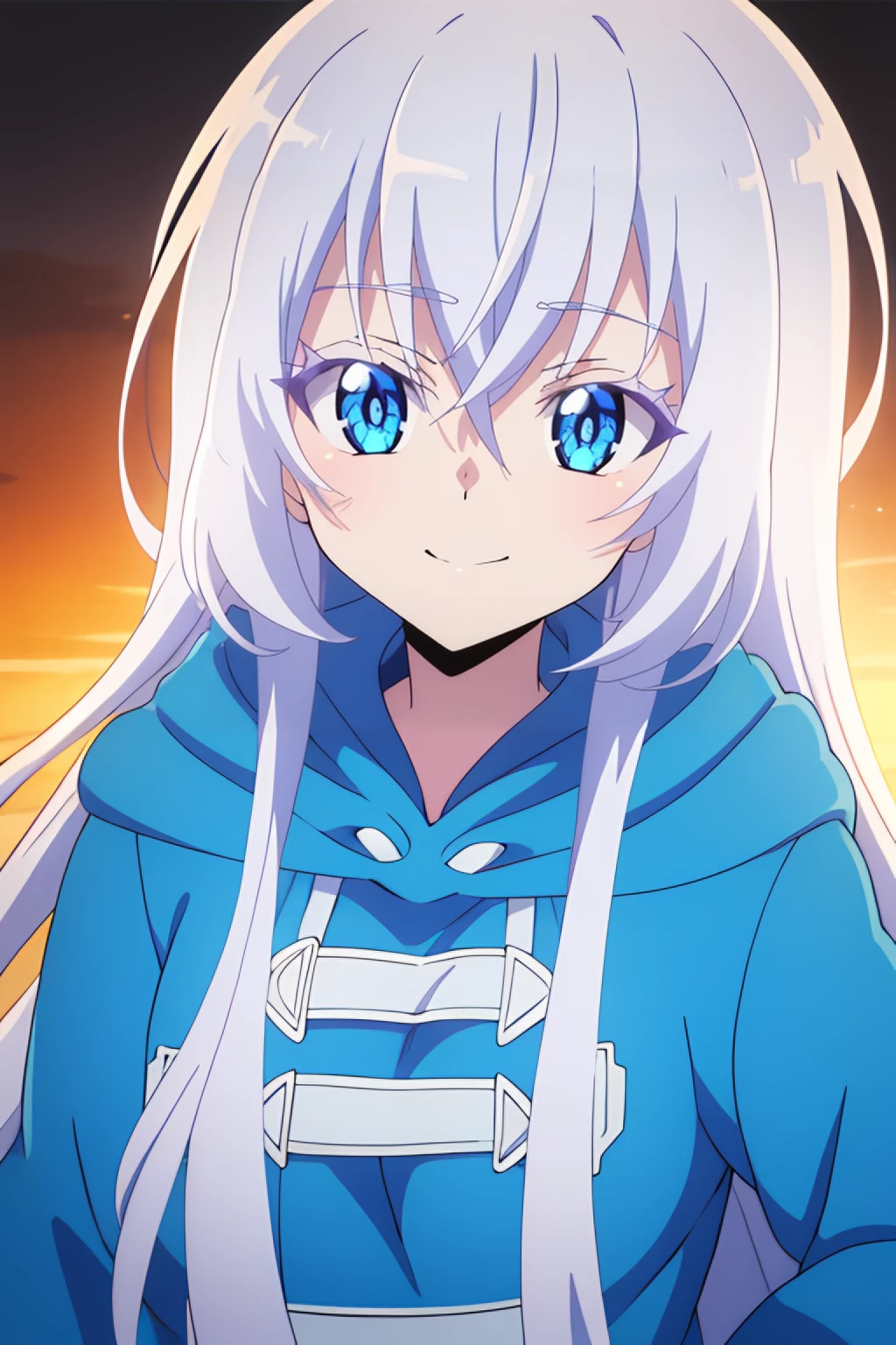 luna, long_hair, 1girl, blue_eyes, solo, hair_between_eyes, white_hair, bangs, smile , hood, hood_down, hoodie, looking at viewer, upper body <lora:Luna:0.8>, best_quality, highres, extremely_detailed, anime perfect detailed style, 8k, masterpiece, anime art style, anime coloring,