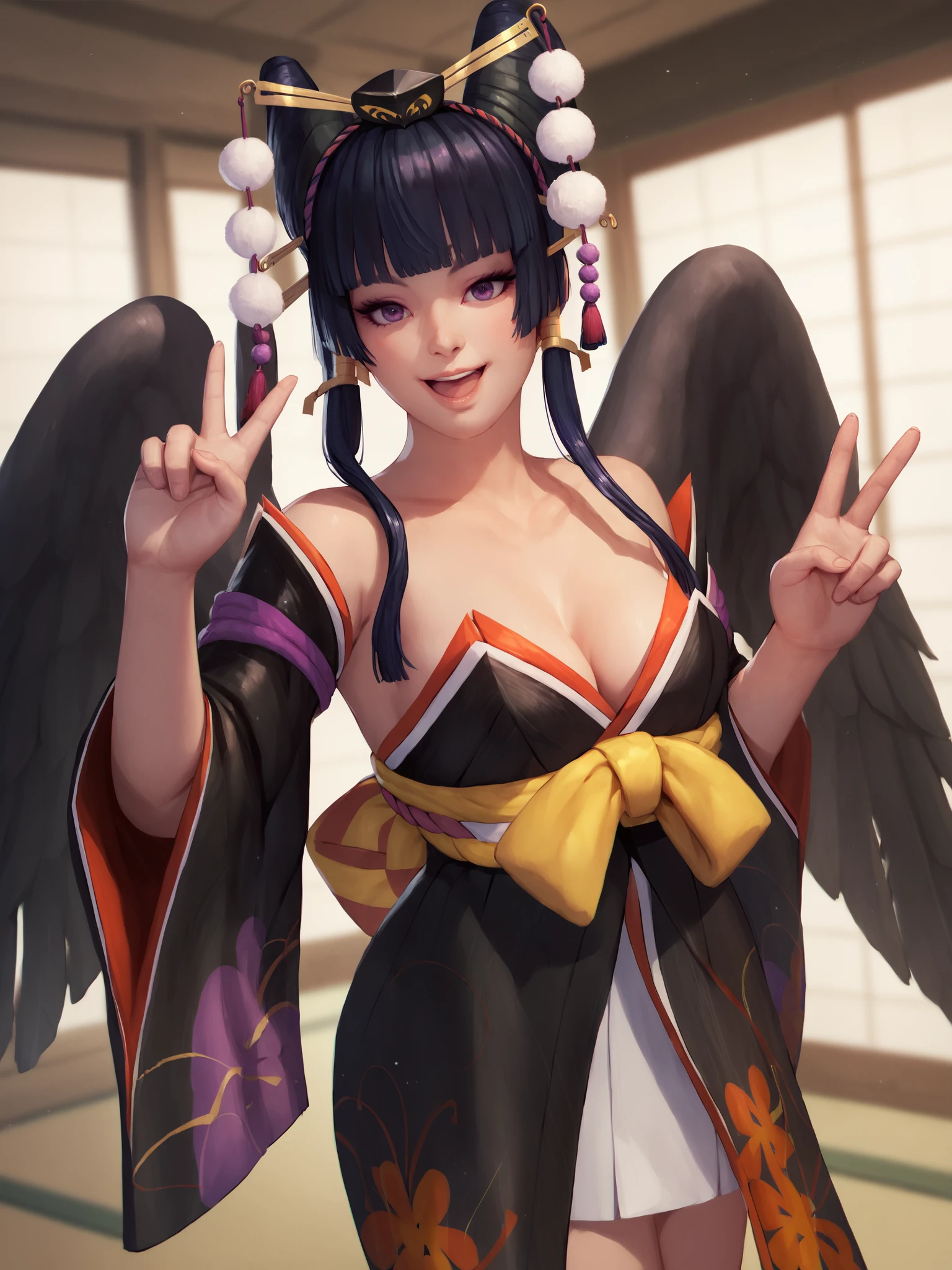 score_9, score_8_up, score_7_up, score_6_up,
cowboy shot, solo focus, 1girl, happy, peace sign,
nyotengu, dead or alive \(series\), black hair, hair ornament, purple eyes, blunt bangs, wings, japanese clothes, cleavage, pom pom \(clothes\),
indoors,
<lora:Nyotengu_XL:1>