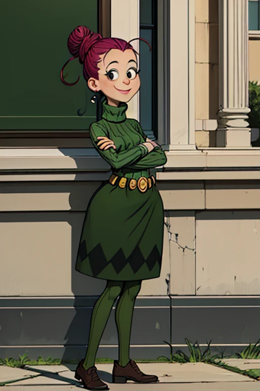 agnesj, 1girl, turtleneck, pencil in hair, hair bun, single hair bun, green sweater, belt, green skirt, brown footwear, black eyes,looking at viewer ,smile,school,standing,crossed arms, <lora:AgnesJohnson(3.0):0.5>