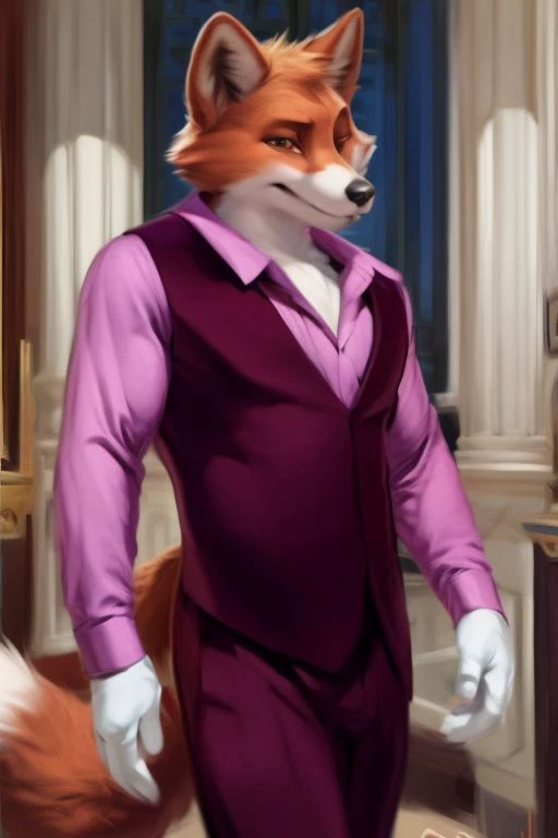 (by Meesh:1.0), (by darkgem:0.8), (by chunie:1), masterpiece, looking at viewer, male, anthro, <slora:add_detail:0.4>, (Foxy Bingo, Fox, Suit, Pink Shirt),  (Realistic)