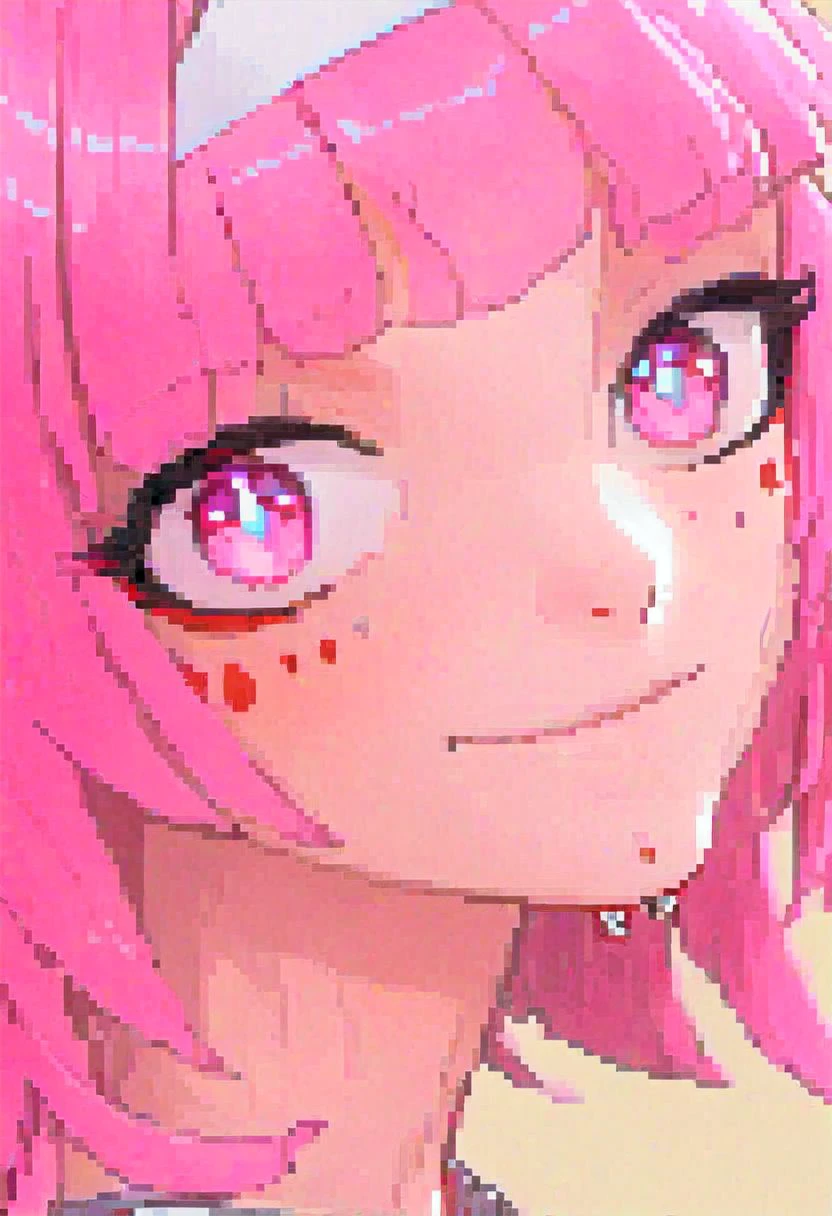 masterpiece,best quality,ultra-detailed,very detailed illustrations,extremely detailed,intricate details,highres,super complex details,extremely detailed 8k ,cowboy shot, caustics,
reflection,
(1girl, solo, pink hair,, smile, piercing, bangs, looking at viewer, ear piercing, pointy ears, hairband, portrait, long hair, pink eyes, jewelry, blunt bangs, earrings, random expressions, random action,
)