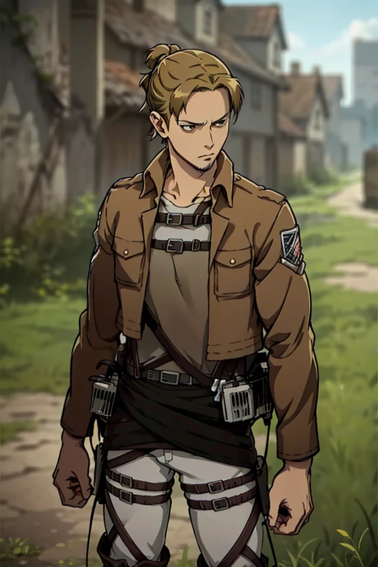 solo male, Eld Gin, Attack on Titan, blond hair, middle parting hair, single hair bun, brown eyes, sideburns, thin goatee, Scout Regiment uniform, white shirt underneath, brown jacket, white pants, knee boots, three-dimensional maneuver gear, mature, handsome, charming, alluring, standing, upper body, perfect anatomy, perfect proportions, best quality, masterpiece, high_resolution, dutch angle, cowboy shot, photo background,AttackonTitan<lora:EMS-314283-EMS:0.800000>, <lora:EMS-26599-EMS:0.500000>