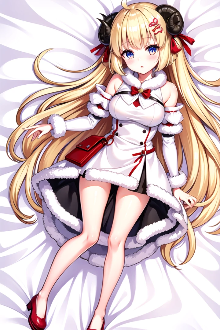 (Highest picture quality), (Master's work), (ultra-detailed), (Detailed eye description:1.2), masterpiece, best quality, 1girl, <lora:Dakimakura:1>, dakimakura, on back, on bed, full body, <lora:CHAR-WatameV5:0.8> TsunomakiWatame, long hair, ahoge, WatameBase, very long hair, ahoge, hairclip, fur-trimmed dress, bowtie, detached sleeves, pouch, cape,