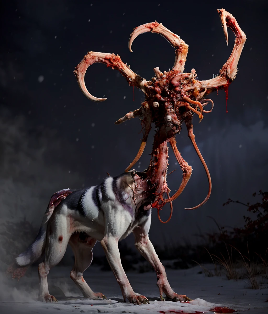 1girl, human transforming, sharp_teeth, bifurcated jaw, blood from mouth, long tongue, sharp claws, arthropod limbs, exposed bone, tentacles, blood stain, deformed, creature, monster, body horror, tearing through clothing, solo, horror \(theme\), outdoors, night, snowing, snowfield, winter, The Thing,