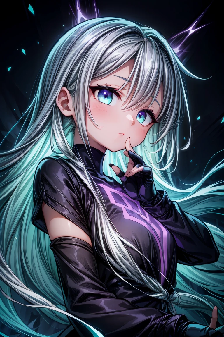greyscale, (aqua and purple theme:1.3),1girl,solo,badass,cold,((Detailed)), ((Masterpiece)), ((Impressive)), professional_artwork, ((Elegant)), ((Mind-blowing)), ((Phenomenal)), anime, Shojo, Romance, Drama, digital artwork, Digital masterpiece, Digital masterpiece, Digital illustration, neon light, Neon illumination, Electrifying light, Vibrant glow, 35mm, Panoramic view,Illustration,Cover,enigmatic figure,draped in translucent fabric,crystals adorning hair,dreamlike swirl,pastel hues,soft light,evoking calm serenity and elusive beauty,Non-representational,colors and shapes,expression of feelings,imaginative,highly detailed,fingerless_gloves,looking_at_viewer,glowing_eyes,abyss_eyes,upper_body,(from_side:0.9)