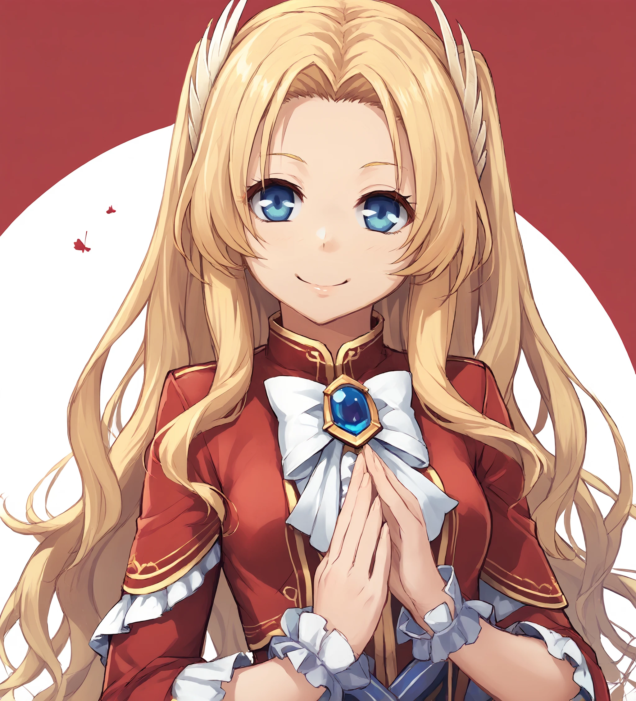 score_9, score_8_up, score_7_up, score_6_up, score_5_up, score_4_up, BREAK source_anime,
<lora:TrailsOfColdSteel-Erebonians:0.9>, Alfin Reise Arnor, blonde hair, blue eyes, small breasts, hair ornament, wing ornament, red dress, ribbon, red high heels, frills,
<lora:kurono_mitsuki:0.8>, <lora:camonome:0.8>
looking at viewer, happy, smile,  upper body, portrait,
simple background,