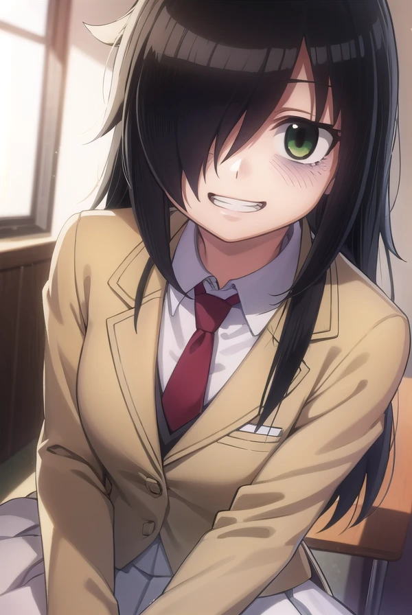 tomokokuroki, <lora:tomoko kuroki s1-lora-nochekaiser:1>,
tomoko kuroki, long hair, black hair, (green eyes:1.3), (hair over one eye:1.5), bags under eyes, smile, grin,
BREAK skirt, school uniform, necktie, blazer,
BREAK indoors, classroom,
BREAK looking at viewer, dynamic pose,
BREAK <lyco:GoodHands-beta2:1>, (masterpiece:1.2), best quality, high resolution, unity 8k wallpaper, (illustration:0.8), (beautiful detailed eyes:1.6), extremely detailed face, perfect lighting, extremely detailed CG, (perfect hands, perfect anatomy),