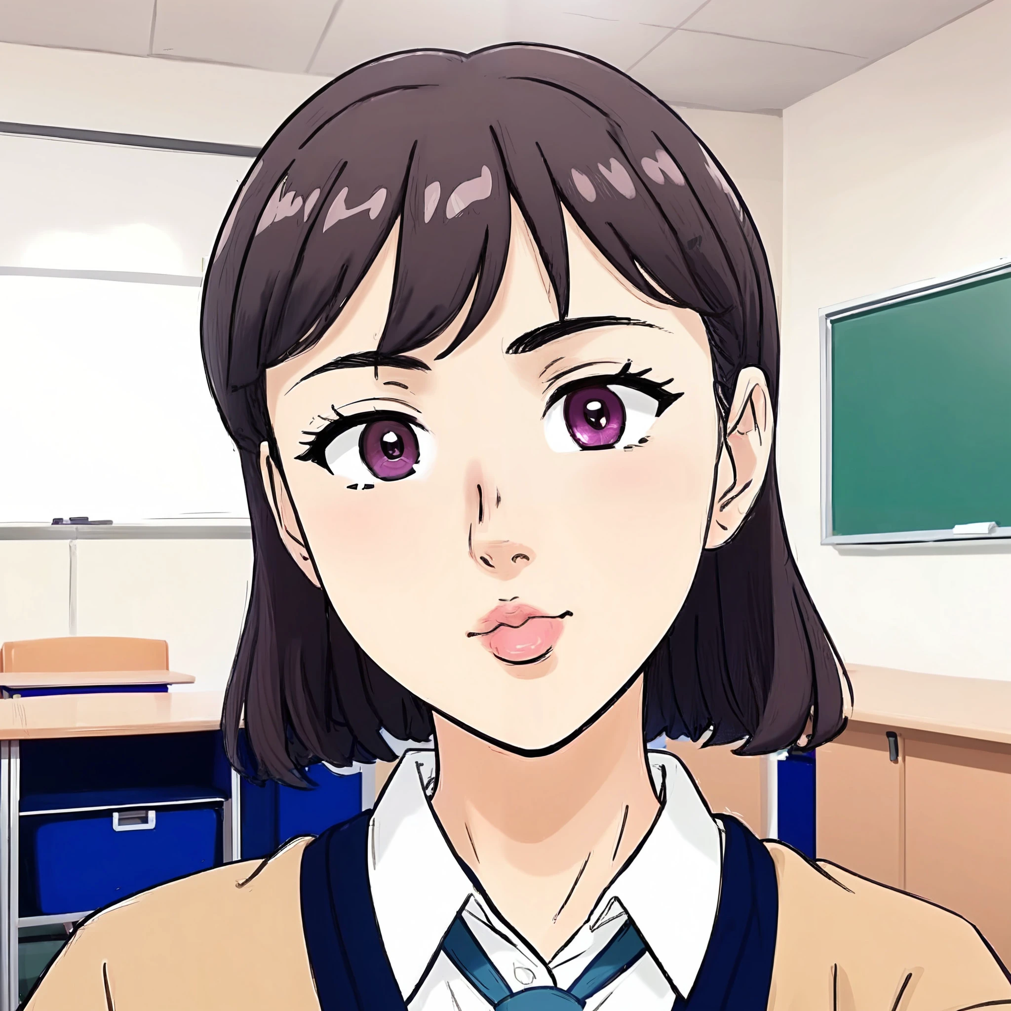 headshot, cartoon, of a cute 18yo female, (puckering:1.2) lips, smiling, wide eyes, raised eyebrows, cropped hair, brunette, school outfit, classroom, Anime Style, Manga Style, Hand drawn