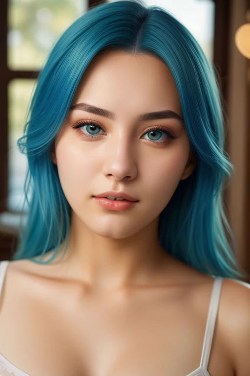 a 18 years old girl with blue hair, brown eyes, wearing white underwear, facial portrait, face focus, ultra realistic, high quality