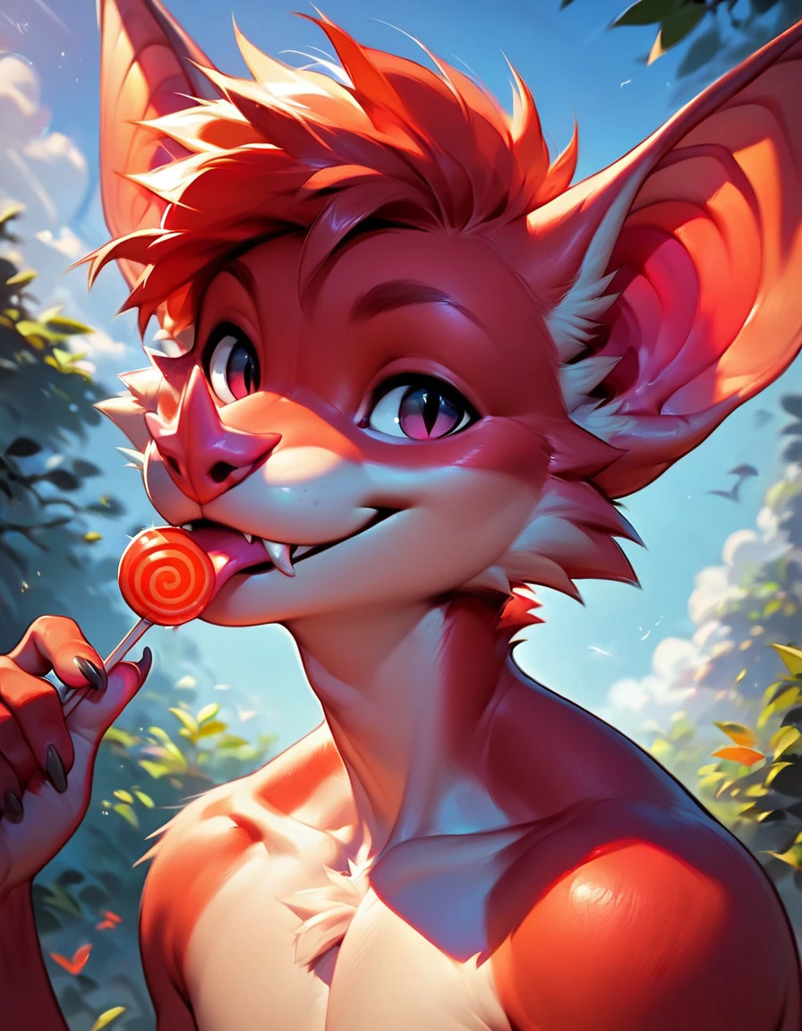 score_9, score_8_up, score_7_up, source_furry, anthro bat, licking a lollipop as a tease, red body, outside, sunny, male, looking at viewer, cute, bare chest, smile, tongue, solo
<lora:BatsXL_0.9:0.7>
<lora:Anime Summer Days 2 Style SDXL:0.3>