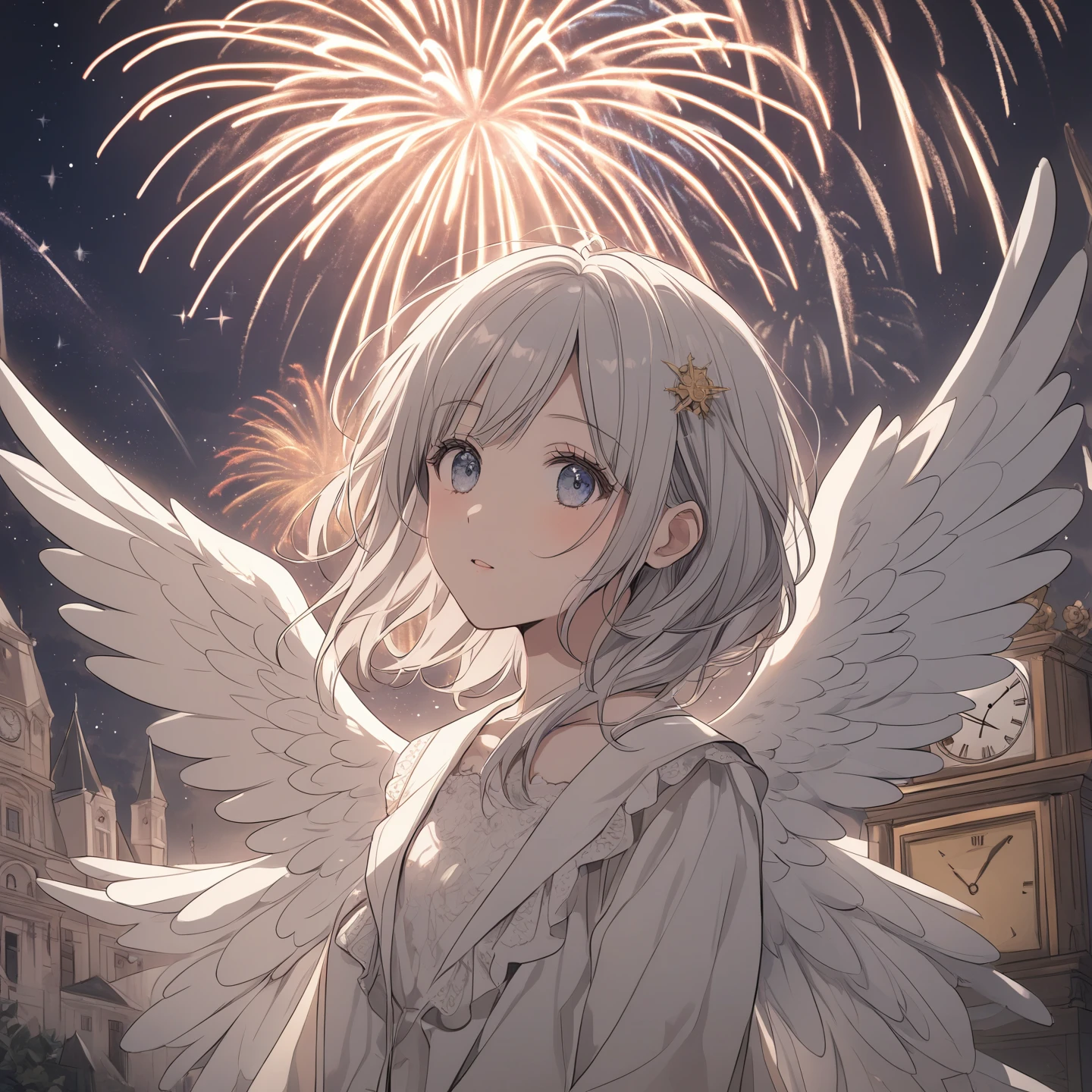 a 1girl with angel wings and a clock in the background with fireworks and stars around her, and a clock in the middle of the image, Alice Prin, elysium, a detailed drawing, neo-romanticism