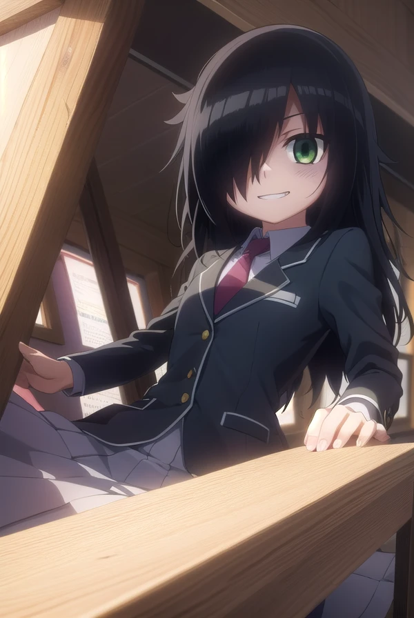 tomokokuroki, <lora:tomoko kuroki s1-lora-nochekaiser:1>,
tomoko kuroki, long hair, black hair, (green eyes:1.3), (hair over one eye:1.5), bags under eyes, smile, grin,
BREAK skirt, school uniform, necktie, blazer,
BREAK indoors, classroom,
BREAK looking at viewer, dynamic pose,
BREAK <lyco:GoodHands-beta2:1>, (masterpiece:1.2), best quality, high resolution, unity 8k wallpaper, (illustration:0.8), (beautiful detailed eyes:1.6), extremely detailed face, perfect lighting, extremely detailed CG, (perfect hands, perfect anatomy),