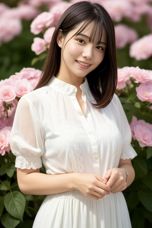 A Japanese Lady、Beautiful well-groomed face、White floral blouse、pleatedskirt、Arms go down、standing in park、Smiling