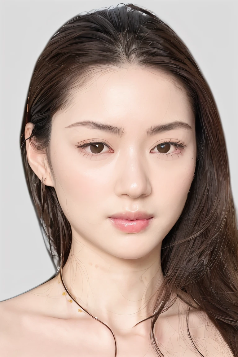(masterpiece, top quality, best quality, (close-up photograph: 2), ((1girl)), korean, fair skin, (extremely detailed face), ((looking at viewer)), ((((ultra-detailed eyes and pupils)))),((((ultra-detailed lips)))) cheekbone, plump cheeks, ((bare pectorals)), ((bare chest)), ((tube dress)), bare head, ((bare shoulders)), symmetrical frame, (((strapless))), ((closed lips)), (((smile))), ((symmetrical pose)), (symmetrical face: 1.6), 35mm, ((((minimal plain white background)))), ((no lighting)),no watermark, ((medium hair)), <lora:Rongxiiin (2):0.7>