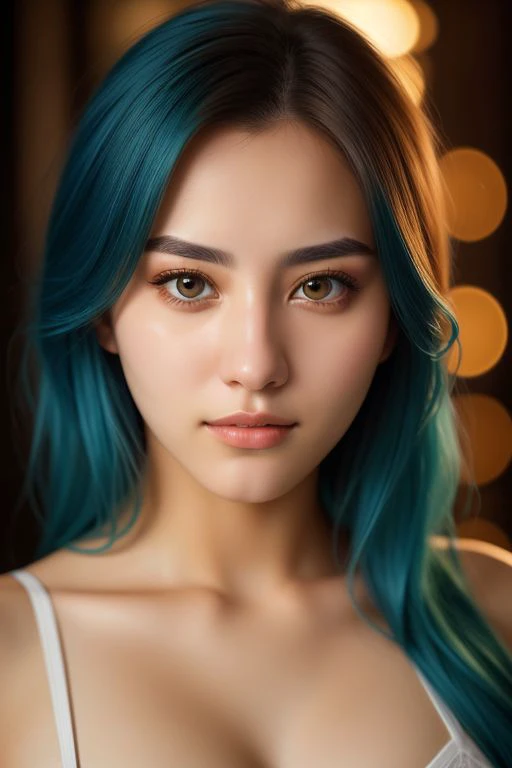 a 18 years old girl with brown eyes and blue hair, wearing white underwear, facial portrait, face focus, ultra realistic, high quality