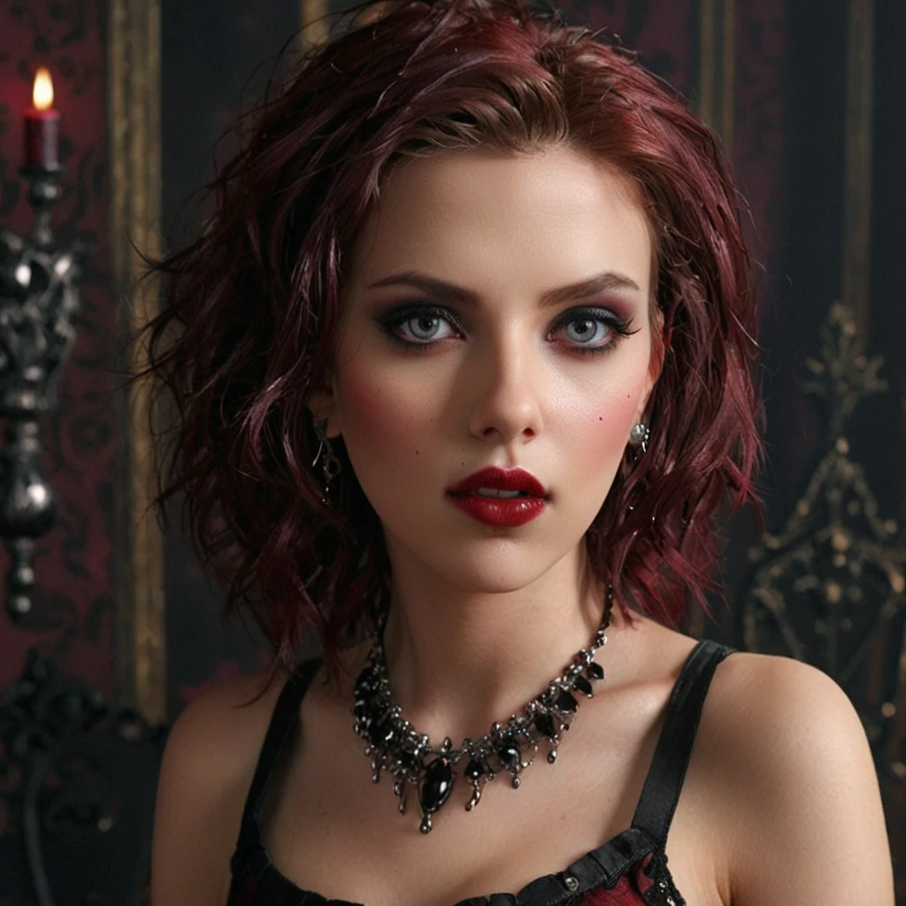  a super seductive gothic styled Scarlett. capture the essence of a mixture of dark and sweet style. she is your expressive but shy girlfriend. Her outfit is alluring and sweet making everyone be embarrassed but adicted to her.,her eyes looking bright and clear at you as you are her next prey.,she is decorated with hair ornament,sweet gem earrings,silver trinkets,red eyes,portrait,slight smile,perfect eyeshadow,the lipstick is a mixture of darkred and black,background is her room filled with gothic details,,high resolution,extreme detail