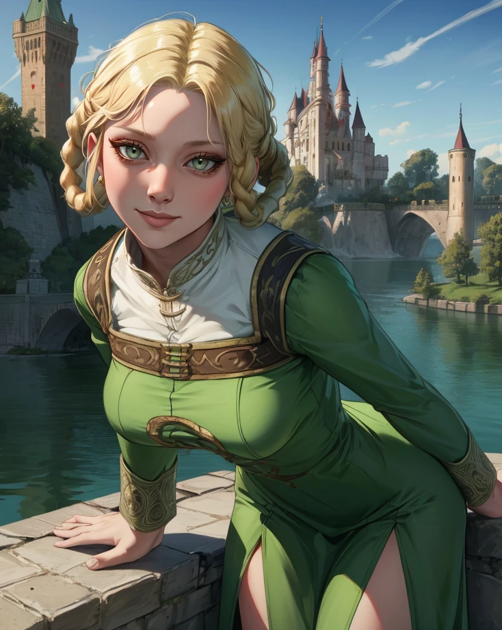 ryazorayas,blonde hair,hair rings,twin braids,green eyes,bad_posture,
smile,tired,slit pupils,
green dress,long sleeves,standing,solo,
(insanely detailed, beautiful detailed face,beautiful detailed eyes, masterpiece, best quality),
lake,castle,
leaning forward,from side,<lora:RyaZorayas:0.8>,