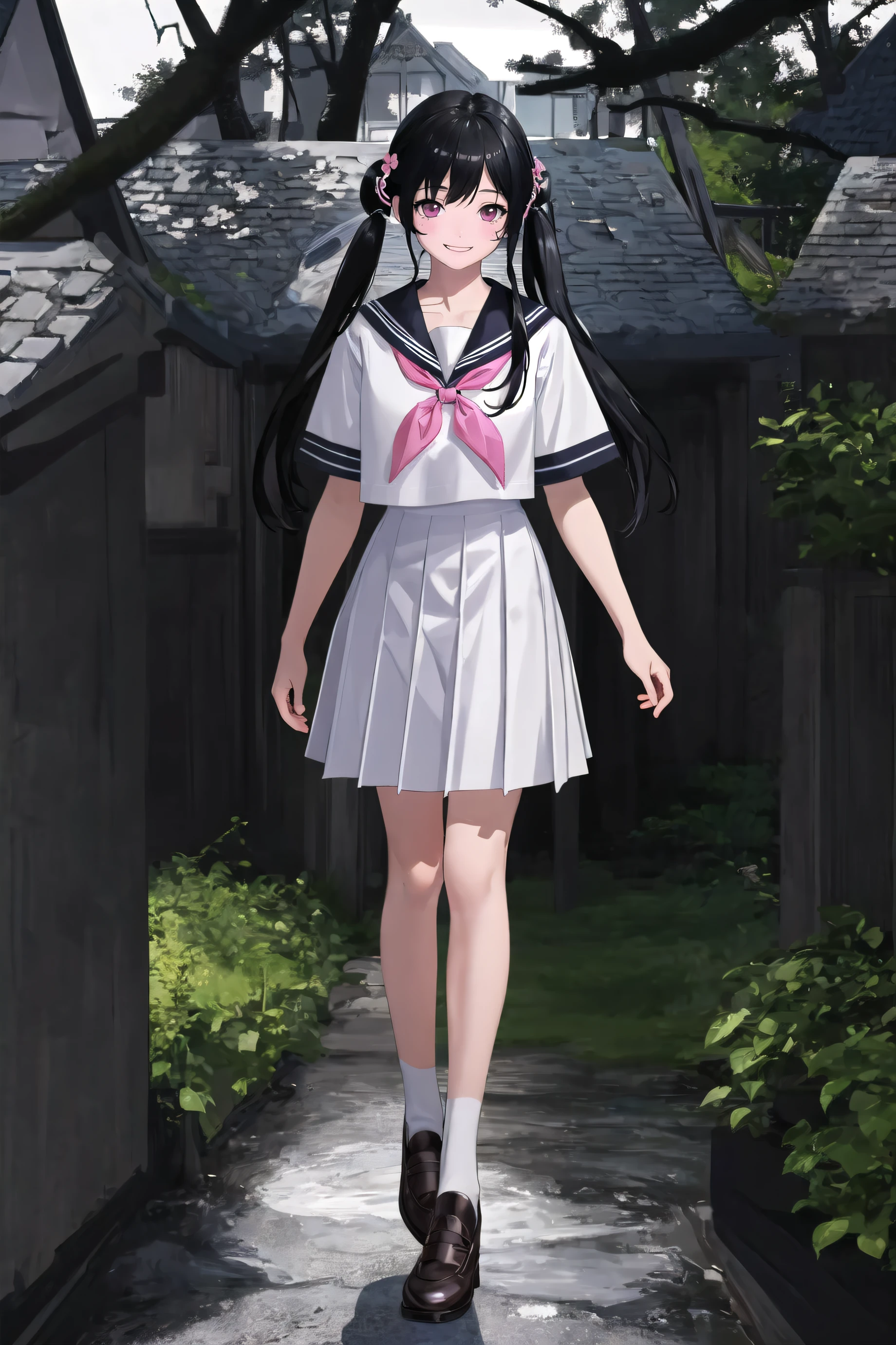 masterpiece, best quality, official art, extremely detailed , ultra high res, ultra detailed, incredibly absurdness, Ultimate detail, Clothing details, middle breast, wide shot, standing,
(1girl:0.7), extremely beautiful face, (leather shoes:0.7), (white ankle socks:0.8), outdoors,  hair ornament,  sailor collar, white pleated skirt, pink neckerchief, (low twintails,:1.1)
((haunting smile, long hair, black hair)),(Fluffy hair:0.75), watery eyes, realistic skin, best shadow, soft light,(short-sleeved),original, full body, jk,
<lora:jk shuishou_20230607235321-000012:0.75>