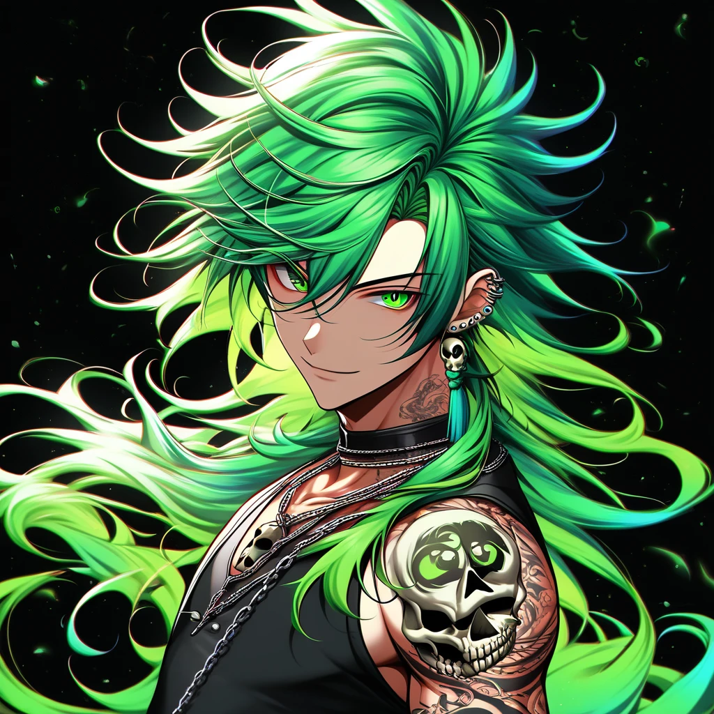 masterpiece, best quality, Niji Style, solo, long hair, looking at viewer, smile, simple background, 1boy, hair between eyes, jewelry, closed mouth, green eyes, upper body, male focus, multicolored hair, earrings, green hair, necklace, from side, tattoo, mask, floating hair, chain, piercing, fire, black background, tassel, ear piercing, portrait, skull, arm tattoo, chain necklace