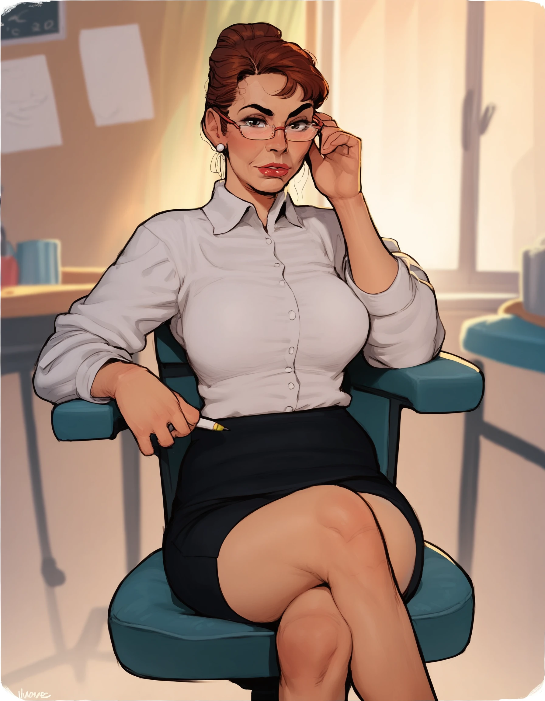1girl, female, solo,
looking at viewer,
teacher, hair bun, glasses,
blouse, pencil skirt, crossed legs,
sitting, chair, 1960s, vintage, mature female,
BREAK
score_9, score_8_up, score_7_up, score_6_up, score_5_up, score_4_up, source_cartoon, rating_questionable,
<lora:incase_style_ponyxl_ilff_v2:1>