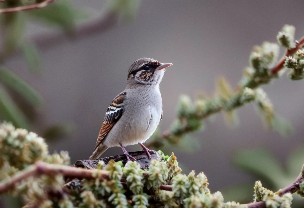 a small bird sitting on top of a bush with its wings spread