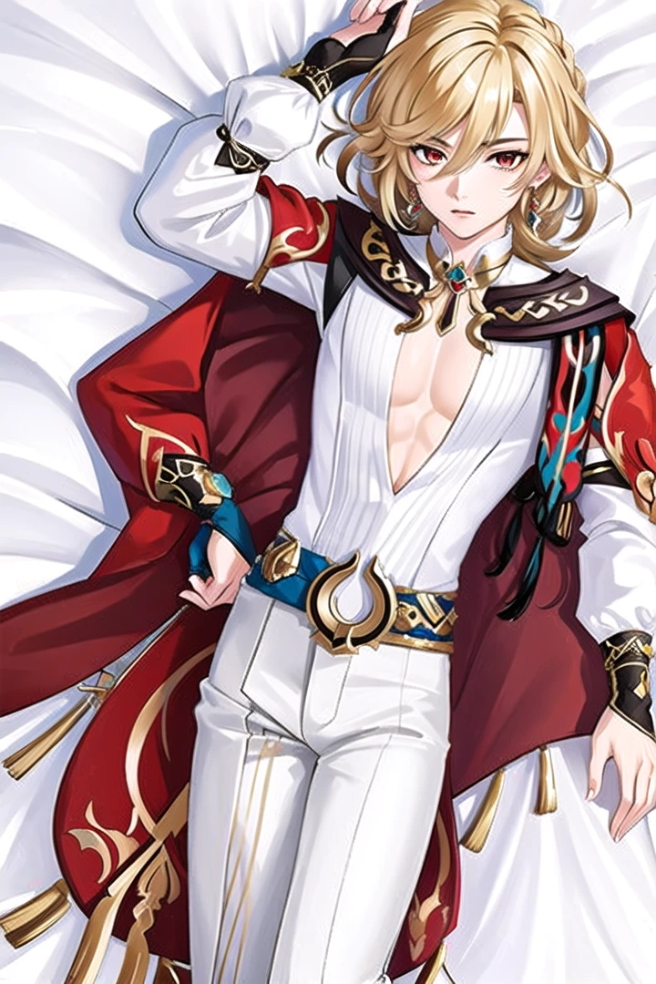 (Highest picture quality), (Master's work), (ultra-detailed), (Detailed eye description:1.2), masterpiece, best quality, <lora:Dakimakura:1>, dakimakura, on back, on bed, full body, <lora:kaveh:0.8> 1boy,hair ornament, jewelry,feather hair ornament,