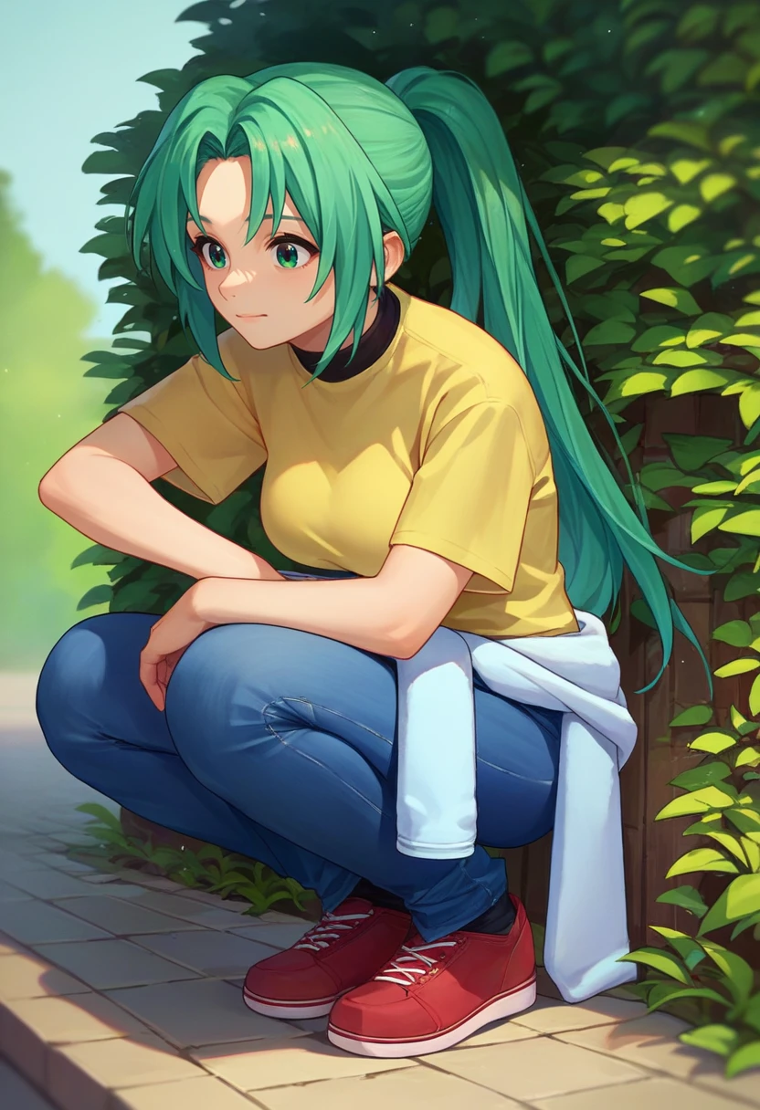 score_9, score_8_up, score_7_up, source_anime, Mion Sonozaki, green eyes, ponytail, yellow T-shirt, white  clothes around waist, jeans, squatting,  <lora:MionCAME2-000008:1>