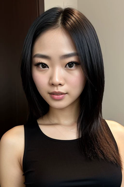 masterpiece, best quality, RAW photo, (photorealistic:1.37, realistic), highly detailed CG unified 8K wallpapers, 8k uhd, dslr, soft lighting, high quality, film grain, Fujifilm XT3, a Indonesian adult woman 25 year old, has small breasts, a big waist, big thighs, look at viewer, realistisc skin texture ,pale skin, detailed face, close up, upper body, wearing black tank top