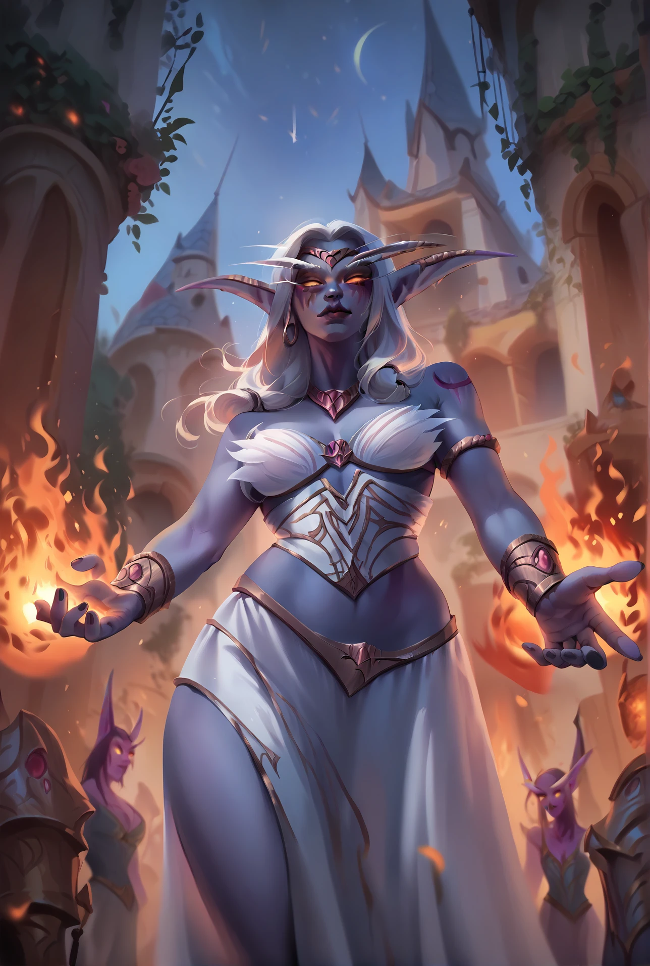 score_9,score_8_up,score_7_up,score_6_up,score_5_up,score_4_up <lora:xl_kelala_pony_ceshi(pony):1> fire, from below, outstretched arm, <lora:Saffy-Character-Azshara:1>,nelfazshara,night elf,colored_skin,blue skin,yellow eyes,azsoutfit,large breasts,white hair,
