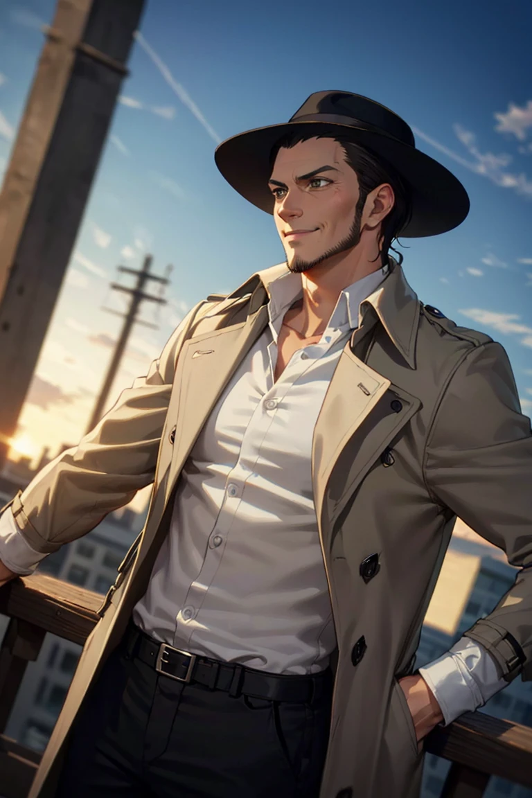 solo male, Kenny Ackerman, Attack on Titan Anime style, brown hair, hair slicked back, grey eyes, sideburns, thin beard along jawline, shaved face, (white collared shirt), (black trench coat), (dark fedora hat), black pants, athletic build, mature, middle-age, handsome, charming, alluring, smirk, standing, upper body, perfect anatomy, perfect proportions, best quality, masterpiece, high_resolution, dutch angle, cowboy shot, photo background<lora:EMS-313595-EMS:0.800000>