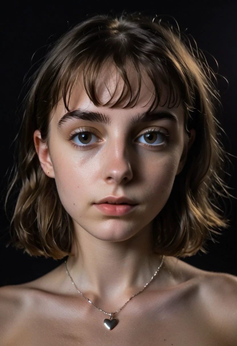 Beuty,1girl, woman, (amateur), (high quality:1.2),((nude:1.0)) 8k, ame detailed skin, dark studio, rim lighting, dimly lit, low key, cold_light, black_background, perfect lips, from_above, pov, (realistic_hair:1.2), messy_hair, bobcut, forehead, (close-up) , Liz, palaroid,moles on body, standing straight, ear piercing, heart necklace, close mouth, (small breasts),(small nipples)(brown eyes)(looking straight to camera)